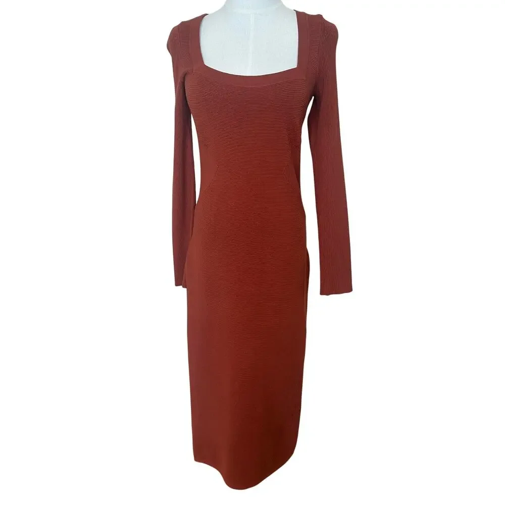 Toccin Rust Brown Midi Ribbed Knit Dress SMALL Career Bodycon Work Designer $325 - Picture 10 of 14